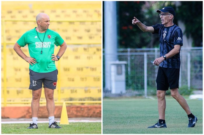 Pelatih PSM Makassar Bernardo Tavares (kiri) dan pelatih Arema FC Fernando Tavares (kanan).