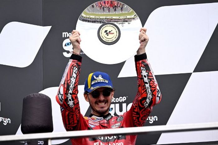 Pembalap Ducati. Francesco Bagnaia, merayakan podium kedua MotoGP Australia 2023 di Sirkuit Phillip Island, Sabtu (21/10/2023).