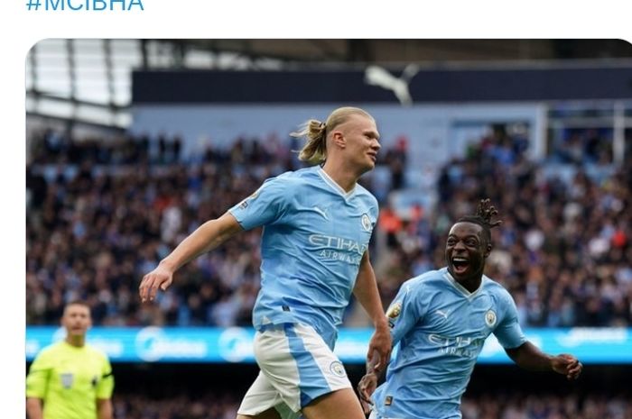 Striker Man City, Erling Haaland, merayakan gol ke gawang Brighton &amp; Hove Albion pada laga pekan ke-9 Liga Inggris di Stadion Etihad, Sabtu (21/10/2023).