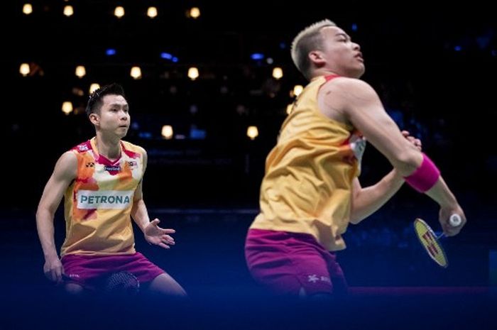 Pasangan ganda putra Malaysia, Aaron Chia/ Soh Wooi Yik, pada semifinal Kejuaraan Dunia 2023 di Kopenhagen, Denmark, 26 Agustua 2023.