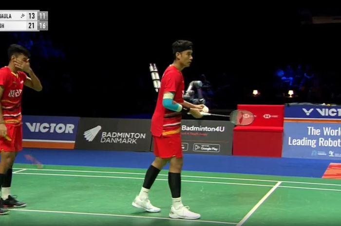 Ganda putra Indonesia, Bagas Maulana/Muhammad Shohibul Fikri harus puas jadi runner-up Denmark Open 2023, Jyske Bank Arena, Odense, Denmark, Minggu (22/10/2023).