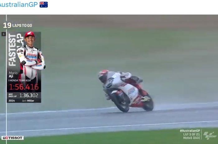 Momen Mario Aji mengukir lap tercepat dalam balapan Moto3 Australia 2023, Minggu (22/10/2023) di Sirkuit Phillip Island.