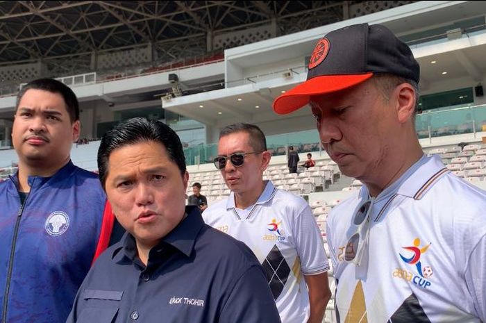 Ketua Umum PSSI, Erick Thohir saat ditemui awak media  seusai acara Asiana Cup 2023 di Stadion Utama Gelora Bung Karno (SUGBK), Senayan, Jakarta Pusat, Kamis (26/10/2023).