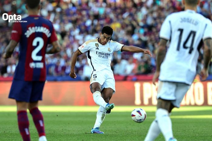 Gelandang Real Madrid, Jude Bellingham, mencetak gol ke gawang Barcelona dalam laga bertajuk El Clasico pada jornada 11 Liga Spanyol 2023-2024 di Estadi Olimpic Lluis Companys, Sabtu (28/10/2023).