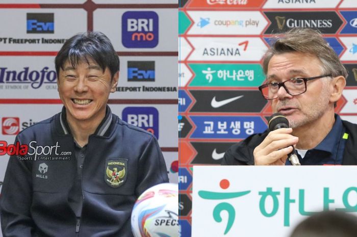 Pelatih Timnas Indonesia, Shin Tae-yong (kiri) dan pelatih timnas Vietnam, Philippe Troussier (kanan).