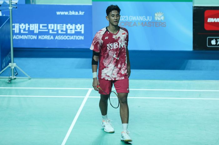  Pebulu tangkis tunggal putra Indonesia, Alwi Farhan, pada babak pertama Korea Masters 2023 di Gwangju Women's University Stadium, Korea Selatan, Rabu (8/11/2023).