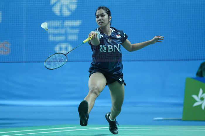  Pebulu tangkis tunggal putri Indonesia, Ester Nurumi Tri Wardoyo, pada babak pertama Korea Masters 2023 di Gwangju Women's University Stadium, Korea Selatan, Rabu (8/11/2023).