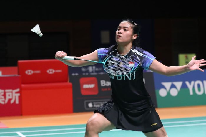 Tunggal putri Indonesia, Gregoria Mariska Tunjung, saat tampil pada babak pertama Kumamoto Masters 2023 di Kumamoto Prefectural Gymnasium, Kumamoto, Jepang, 15 November 2023.