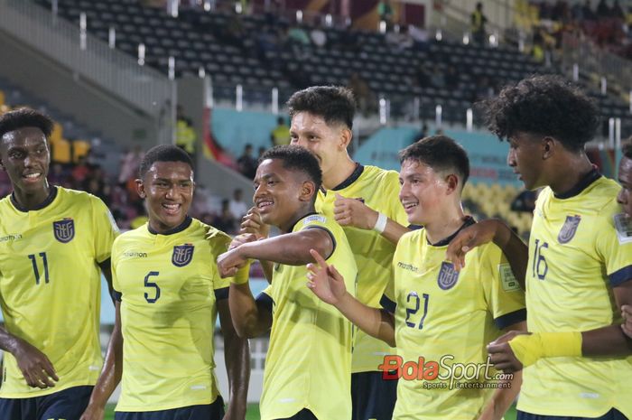 Selebrasi gol pertama Ekuador yang dicetak oleh Elkin Ruiz saat menghadapi Panama pada laga terakhir Grup A pada Kamis (16/11/2023) malam WIB di Stadion Manahan, Solo