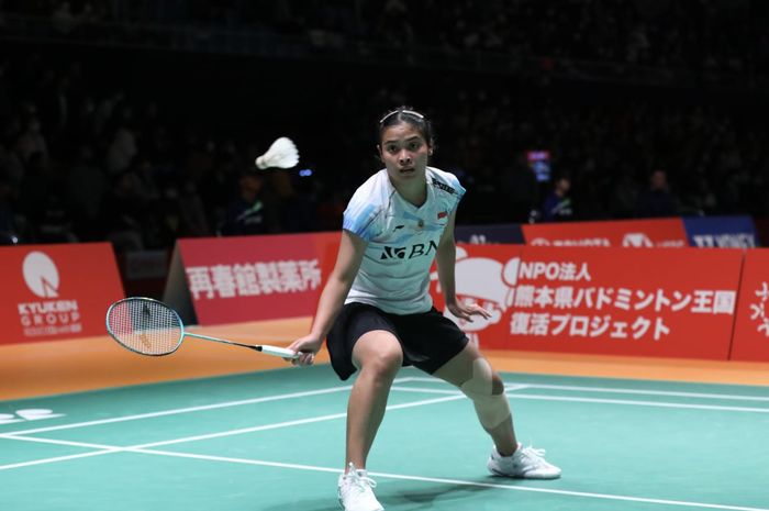 Tunggal putri Indonesia, Gregoria Mariska Tunjung saat tampil pada babak 16 besar Kumamoto Masters 2023 di Kumamoto Prefectural Gymnasium, Kumamoto, Jepang, Kamis (16/11/2023)