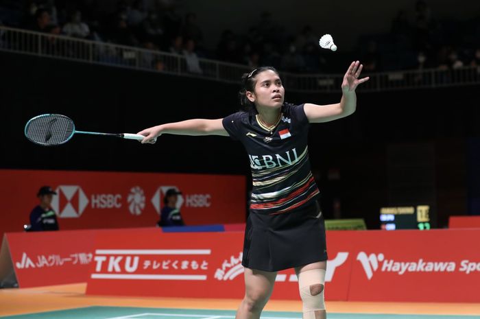 Pebulu tangkis tunggal putri Indonesia, Gregoria Mariska Tunjung, pada babak perempat final Kumamoto Masters 2023 di Kumamoto Prefectural Gymnasium, Kumamoto, Jepang, Jumat (17/11/2023).