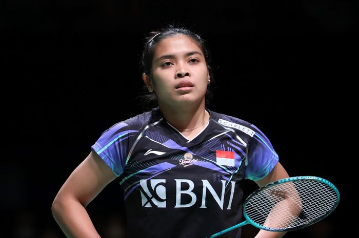 Tunggal putri Indonesia, Gregoria Mariska Tunjung saat bermain di semifinal Kumamoto Masters 2023 yang dihelat di Kumamoto Prefectural Gymnasium, Kumamoto, Jepang, Sabtu (18/11/2023)