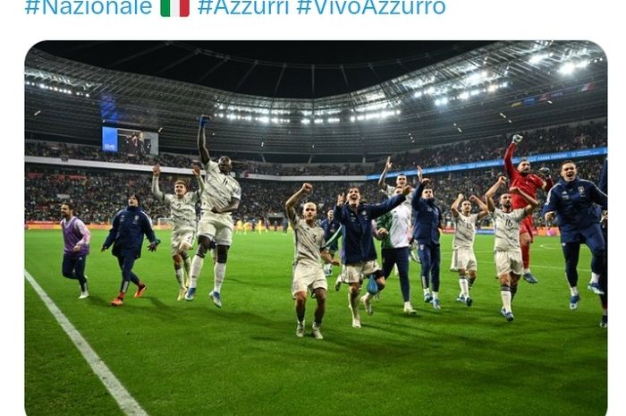 Tim nasional Italia melakukan selebrasi usai memastikan kelolosan pada Kualifikasi Euro2024.