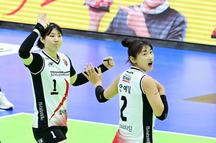 Outside hitter Daejeon JungKwanJang Red Sparks, Lee So-young, dan setter An Ye-rim 