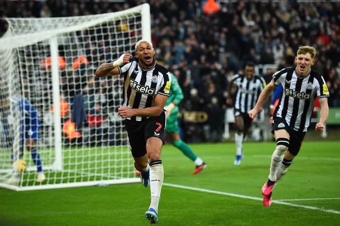 Selebrasi pemain Newcastle United, Joelinton, usai cetak gol ke gawang Chelsea dalam lanjutan Liga Inggris di St James' Park (25/11/2023).