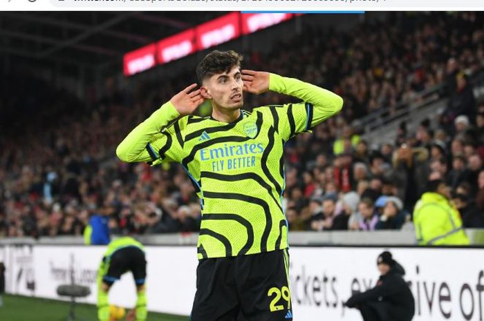 Selebrasi Kai Havertz usai mencetak gol kemenangan Arsenal ke gawang Brentford.