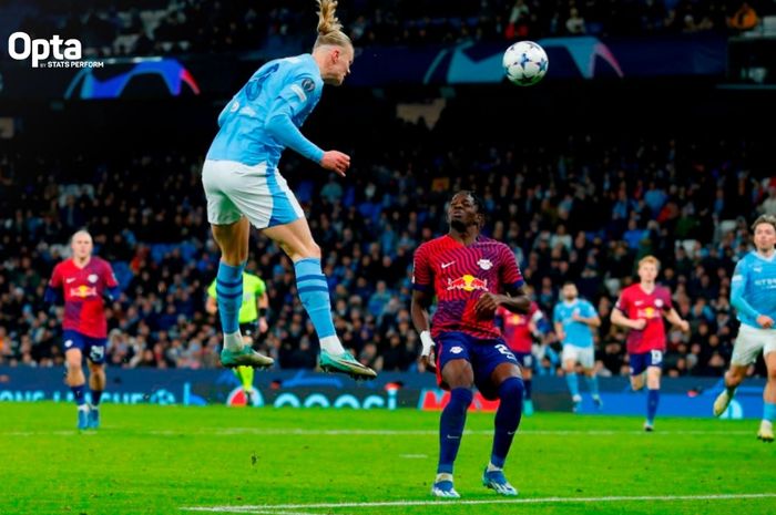 Momen penyerang Man City, Erling Haaland, mencetak gol ke gawang RB Leipzig yang membuatnya menorehkan tonggak sejarah baru di Liga Champions.