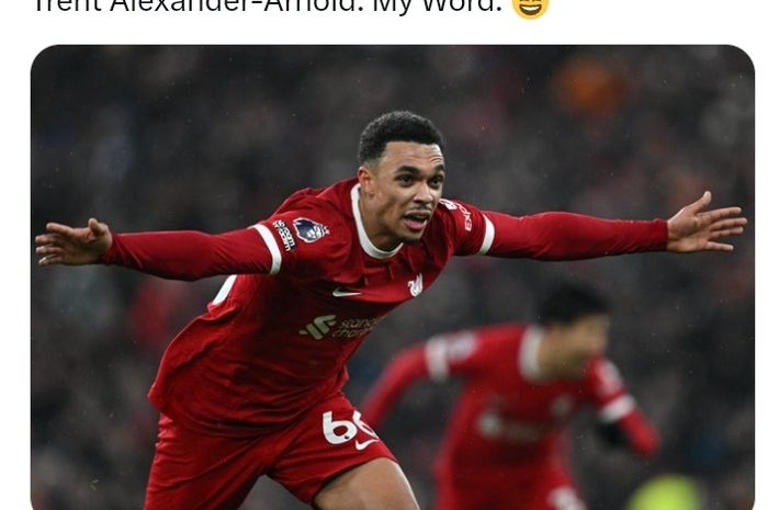 Bek sayap kanan Liverpool, Trent Alexander-Arnold, merayakan gol ke gawang Fulham pada laga lanjutan Liga Inggris di Stadion Anfield, Minggu (3/12/2023).