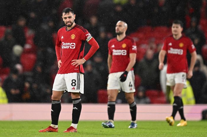 Reaksi Bruno Fernandes dkk dalam laga Man United vs Bournemouth pada lanjutan Liga Inggris di Old Trafford (9/12/2023).