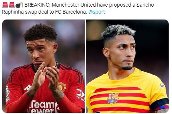 Manchester United berencana melakukan tukar guling Jadon Sancho dengan winger Barcelona, Raphinha, pada bursa transfer musim dingin Januari 2024.