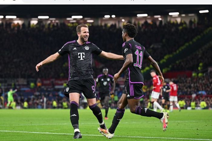 Harry Kane merayakan gol yang dicetak Kingsley Coman ke gawang Manchester United di Liga Champions 2023-2024.