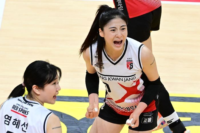 Outside hitter Daejeon JungKwanJang Red Sparks, Park Hye-min berteriak melakukan selebrasi