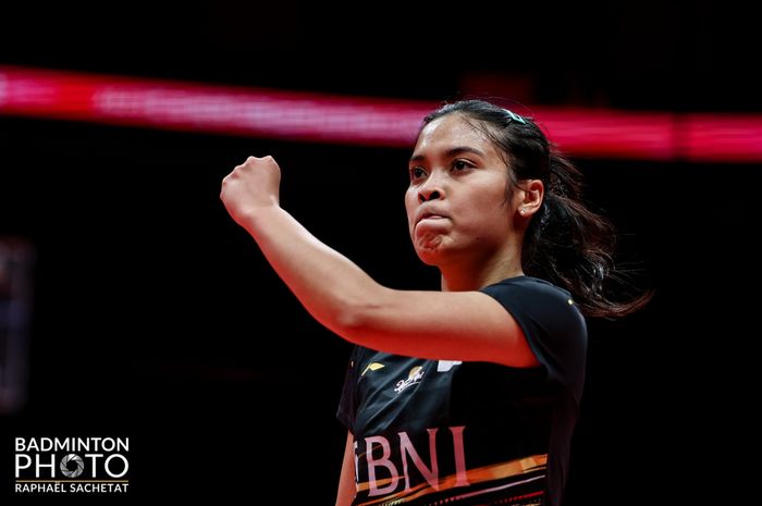 Ekspresi tunggal putri Indonesia, Gregoria Mariska Tunjung, saat tampil pada laga terakhir babak fase grup A BWF World Tour Finals 2023, Jumat, 15 Desember 2023