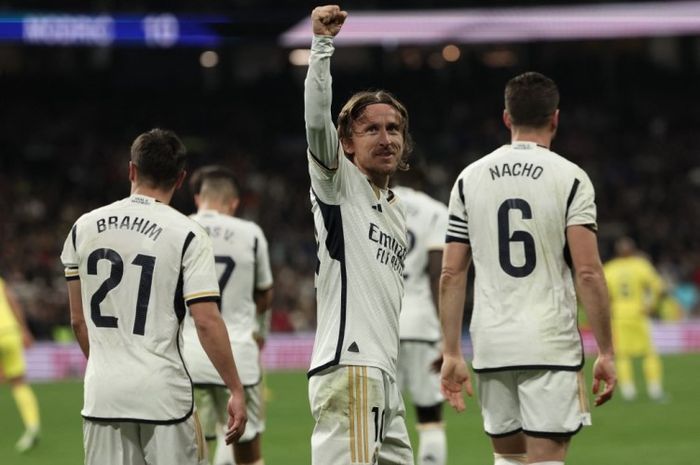 Selebrasi Luka Modric usai menjebol gawang Villarreal pada lanjutan Liga Spanyol 2023-2024.