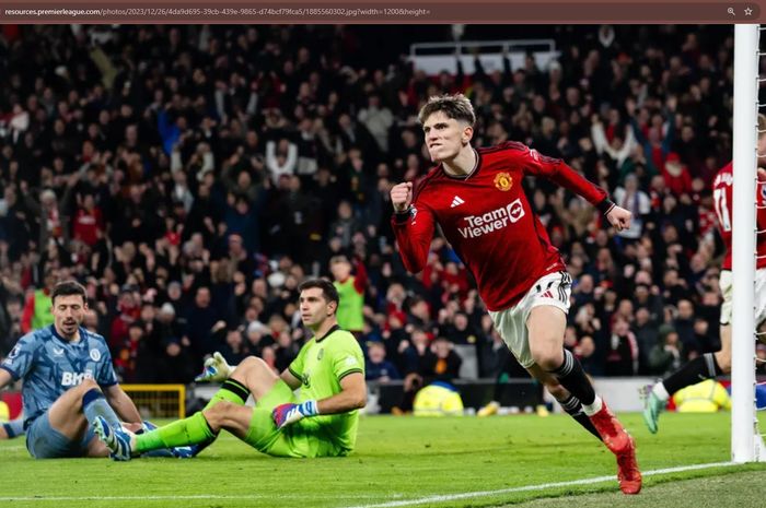 Alejandro Garnacho merayakan gol untuk Manchester United ke gawang Aston Villa pada matchweek 19 Liga Inggris 2023-2024 di Stadion Old Trafford, Selasa (26/12/2023).