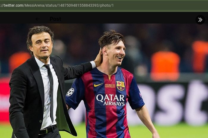 Luis Enrique (kiri) bersama Lionel Messi saat di Barcelona. Sang juru taktik dikabarkan diminati kembali oleh El Barca.