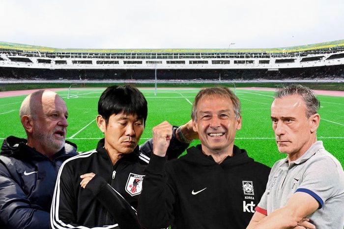 Dari kiri Graham Arnold, Hajime Moriyasu, Jurgen Klinsmann dan Paulo Bento.