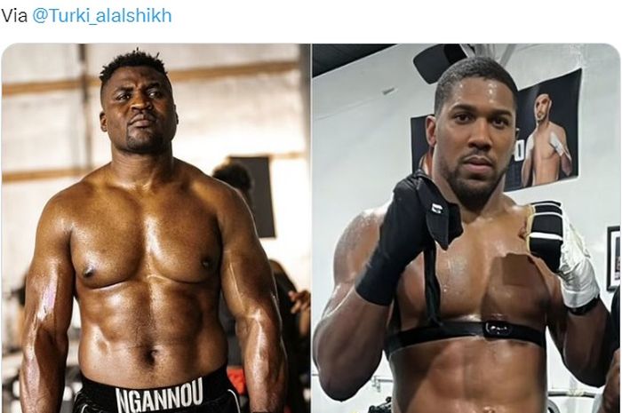 Prediksi wacana duel Anthony Joshua (kanan) vs Francis Ngannou (kiri) mulai bermunculan termasuk dari eks pelatih Mike Tyson, Teddy Atlas.