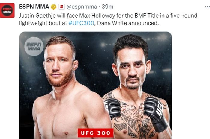 Justin Gaethje bakal diadu dengan Max Holloway di UFC 300 pada 13 April 2024.