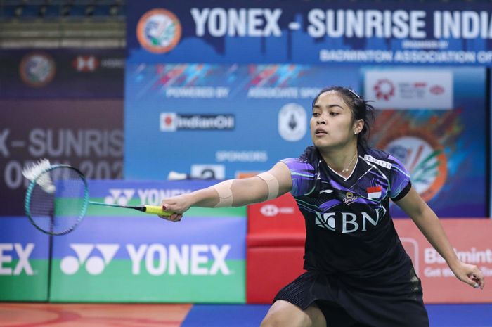 Tunggal putri Indonesia, Gregoria Mariska Tunjung, saat tampil pada babak kedua India Open 2024 di K.D Jadhav Indoor Hall, New Delhi, India, 18 Januari 2024.