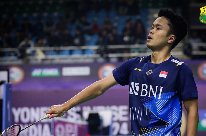 Tunggal putra Indonesia, Anthony Sinisuka Ginting, saat tampil pada perempat final India Open 2024 di K.D Jadhav Indoor Hall, New Delhi, India, 19 Januari 2024.