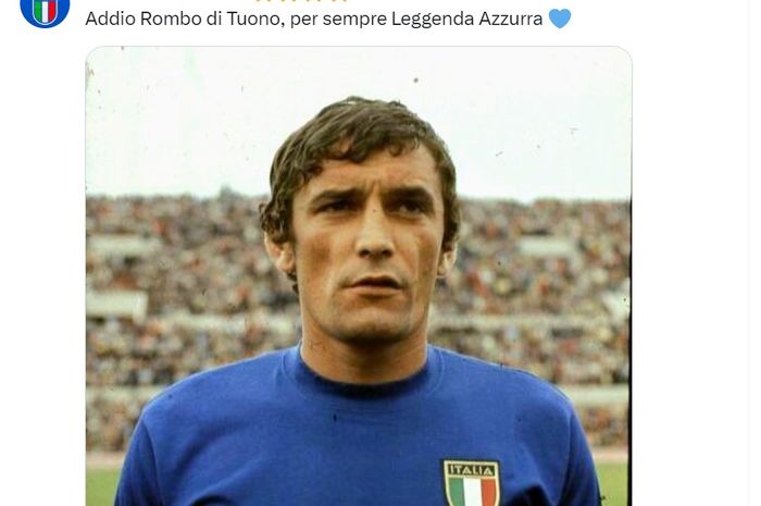 Akun X Timnas Italia memberikan penghormatan pada legenda Luigi Riva yang meninggal dunia pada Senin (22/1/2024) malam waktu setempat.