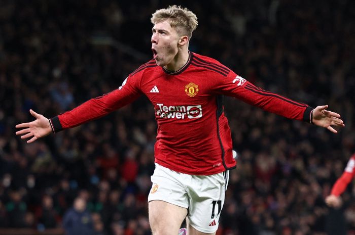 Ekspresi Rasmus Hojlund usai mencetak gol Man United ke gawang Tottenham pada duel Liga Inggris (14/1/2024).