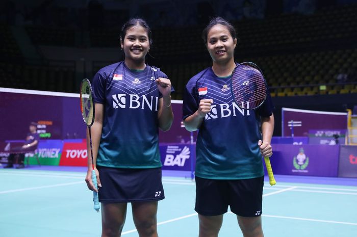 Selebrasi ganda putri Indonesia, Jesita Putri Miantoro/Febi Setianingrum pada babak kedua Thailand Masters 2024