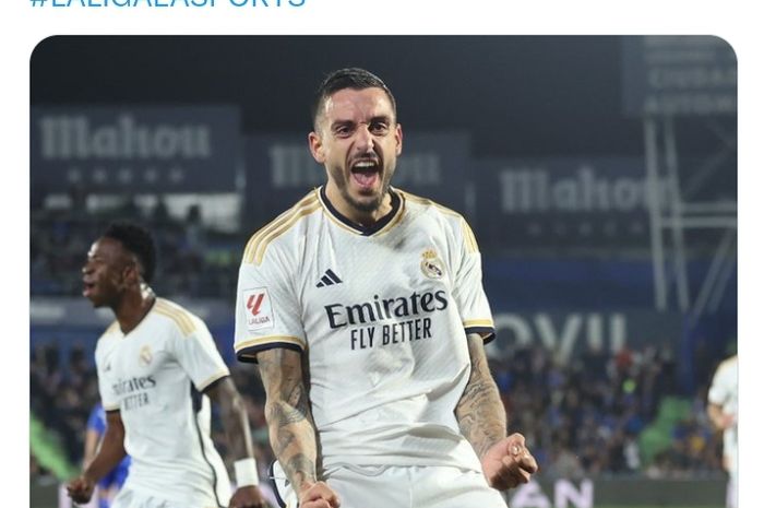 Selebrasi striker Real Madrid, Joselu, usai mencetak gol ke gawang Getafe pada laga lanjutan Liga Spanyol di Stadion Coliseum, Kamis (1/2/2024).