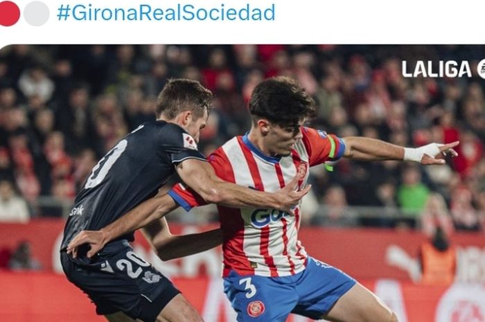 Aksi bek sayap kiri Girona, Miguel Gutierrez, pada laga Liga Spanyol melawan Real Sociedad di Stadion Montilivi, Sabtu (3/2/2024).