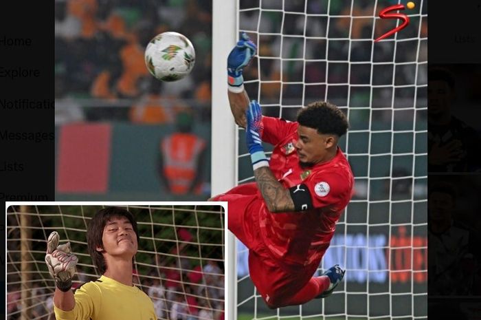 Kiper timnas Afrika Selatan, Ronwen Williams, menggagalkan 4 tendangan musuh dalam adu penalti melawan Tanjung Verde di perempat final Piala Afrika 2023. Inset: Tokoh Si Tangan Petir dalam film Shaolin Soccer.