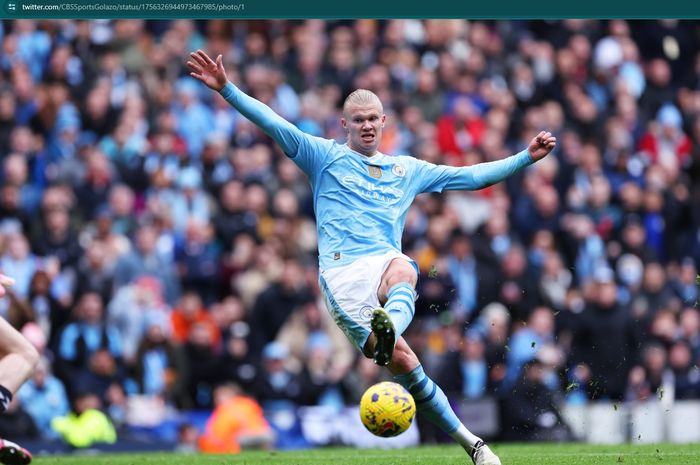 Penyerang Man City, Erling Haaland, mencetak dua gol kemenangan timnya atas Everton di Stadion Etihad pada laga pekan ke-24 Liga Inggris 2023-2024, Sabtu (10/2/2024) malam WIB.