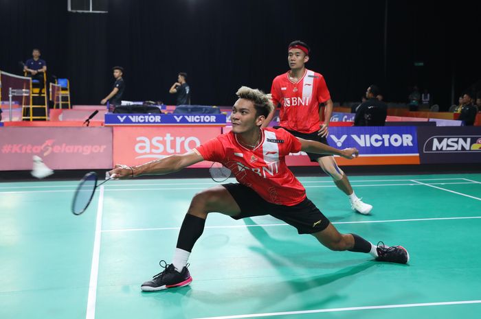 Ganda putra Indonesia, Muhammad Shohibul Fikri/Bagas Maulana saat tampil pada Kejuaraan Beregu Asia 2024