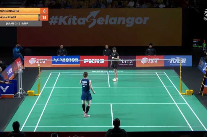 Tangkapan layar pertandingan antara Anmol Kharb dari India dan Natsuki Nidaira dari Jepang pada semifinal Kejuaraan Beregu Asia 2024 di Selangor, Malaysia, 17 Februari 2024.