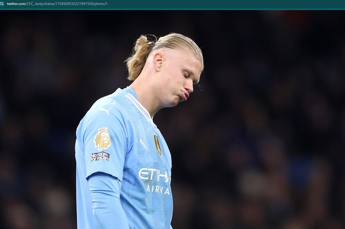 Ekspresi penyerang Man City, Erling Haaland, setelah gagal mencetak gol ke gawang Chelsea pada pekan ke-25 Liga Inggris 2023-2024.