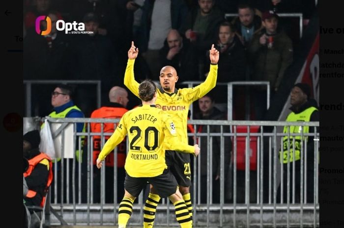 Donyell Malen mencetak gol Borussia Dortmund ke gawang PSV Eindhoven pada leg pertama babak 16 besar Liga Champions 2023-2024 (20/2/2024).