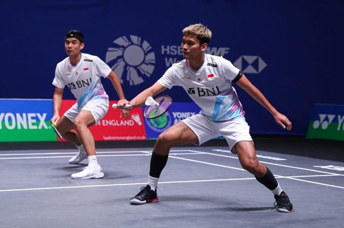 Pasangan ganda putra Indonesia, Muhammad Shohibul Fikri/Bagas Maulana, pada babak pertama All England Open 2024 di Utilita Arena, Birmingham, Inggris, Selasa (12/3/2024).