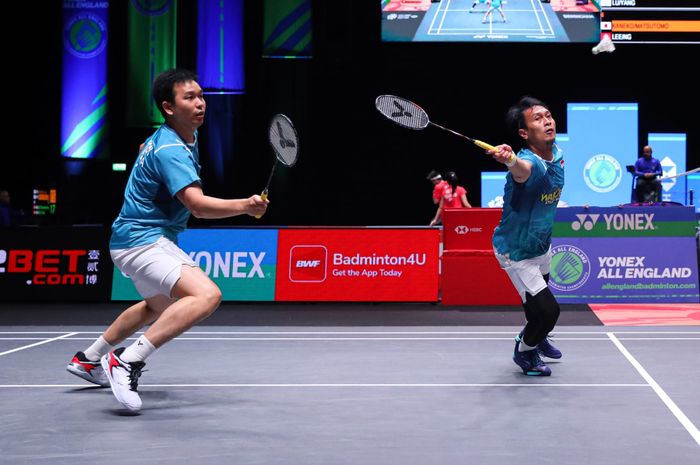 Aksi Mohammad Ahsan/Hendra Setiawan pada babak pertama All England Open 2024