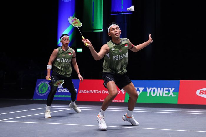 Aksi Fajar Alfian/Muhammad Rian Ardianto pada babak pertama All England Open 2024