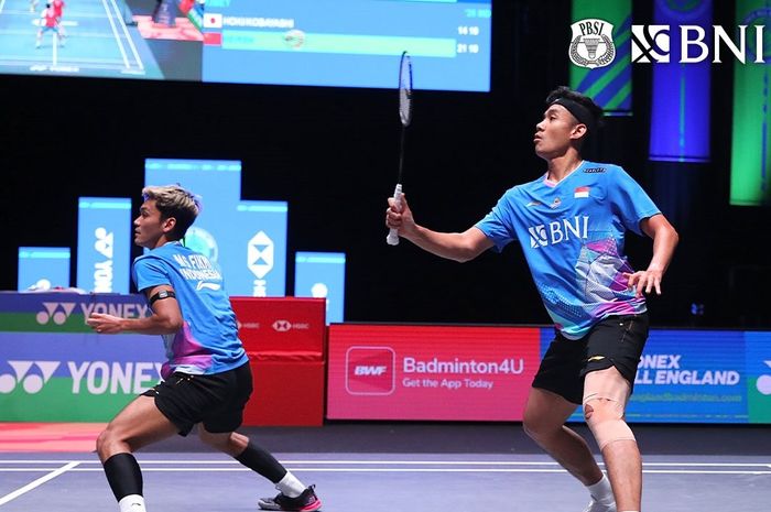 Ganda putra Indonesia, Muhammad Shohibul Fikri/Bagas Maulana, saat tampil pada perempat final All England Open 2024 di Birmingham, Inggris, 15 Maret 2024.